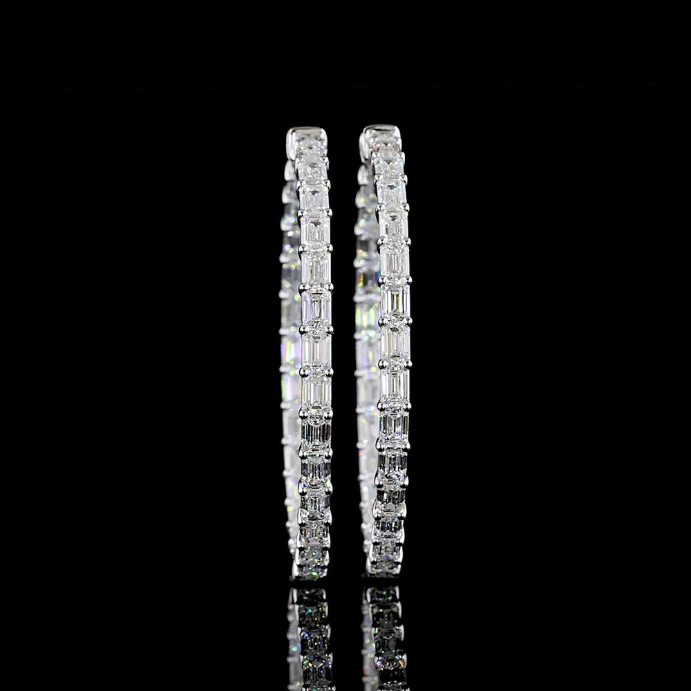 14K White Gold Medium Hoop Earrings with East-West Set Emerald Cut Lab Diamonds - 10.05 Carats Total Diamond Weight, E-F VS2 Clarity - Covaloro Fine Jewelry