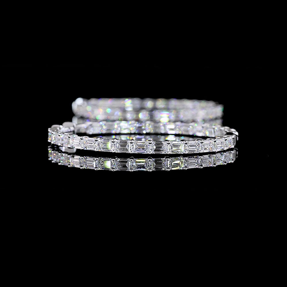 14K White Gold Medium Hoop Earrings with East-West Set Emerald Cut Lab Diamonds - 10.05 Carats Total Diamond Weight, E-F VS2 Clarity - Covaloro Fine Jewelry