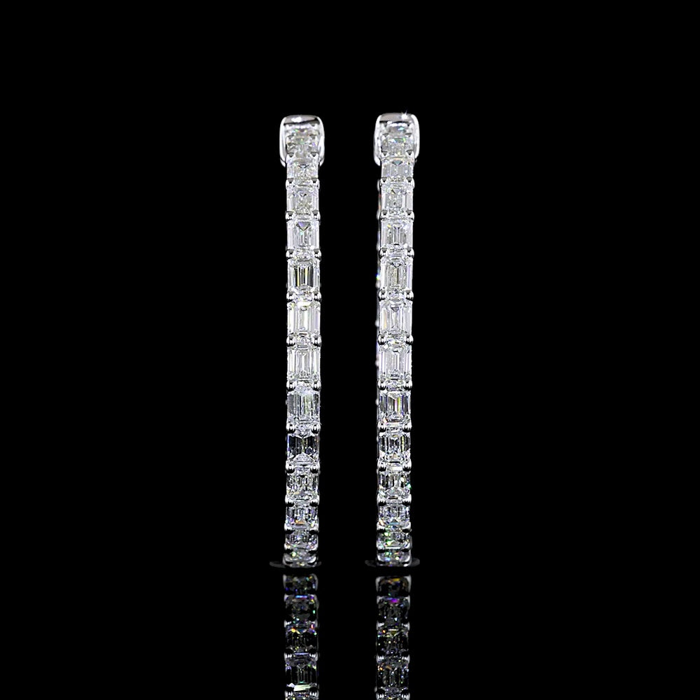 14K White Gold Medium Hoop Earrings with East-West Set Emerald Cut Lab Diamonds - 5.32 Carat Total Weight (E-F Color, VS Clarity) - Covaloro Fine Jewelry
