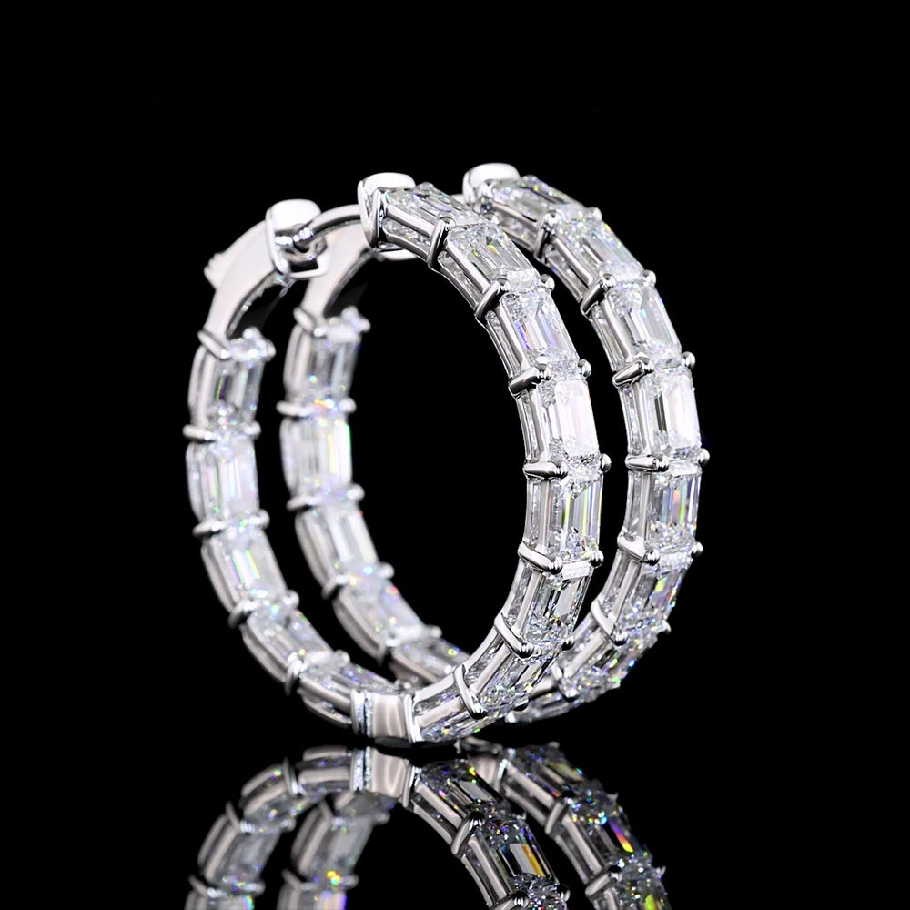 14K White Gold Medium Hoop Earrings with East-West Set Emerald Cut Lab Diamonds - 5.65 Carats Total Diamond Weight - Covaloro Fine Jewelry