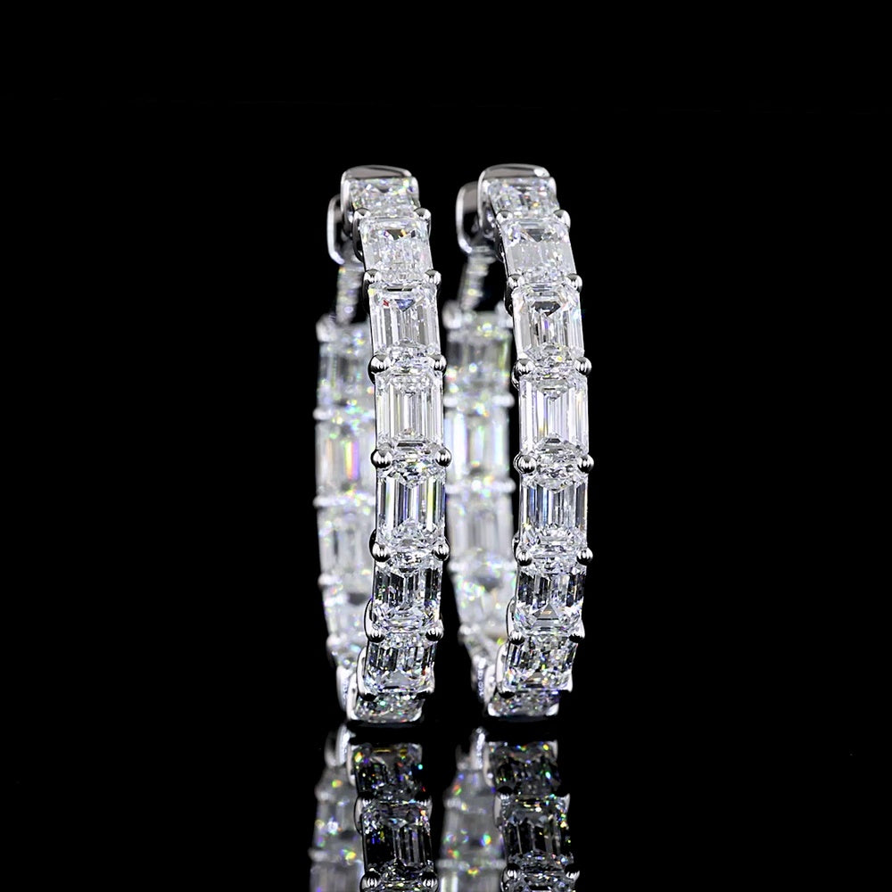 14K White Gold Medium Hoop Earrings with East-West Set Emerald Cut Lab Diamonds - 5.65 Carats Total Diamond Weight - Covaloro Fine Jewelry