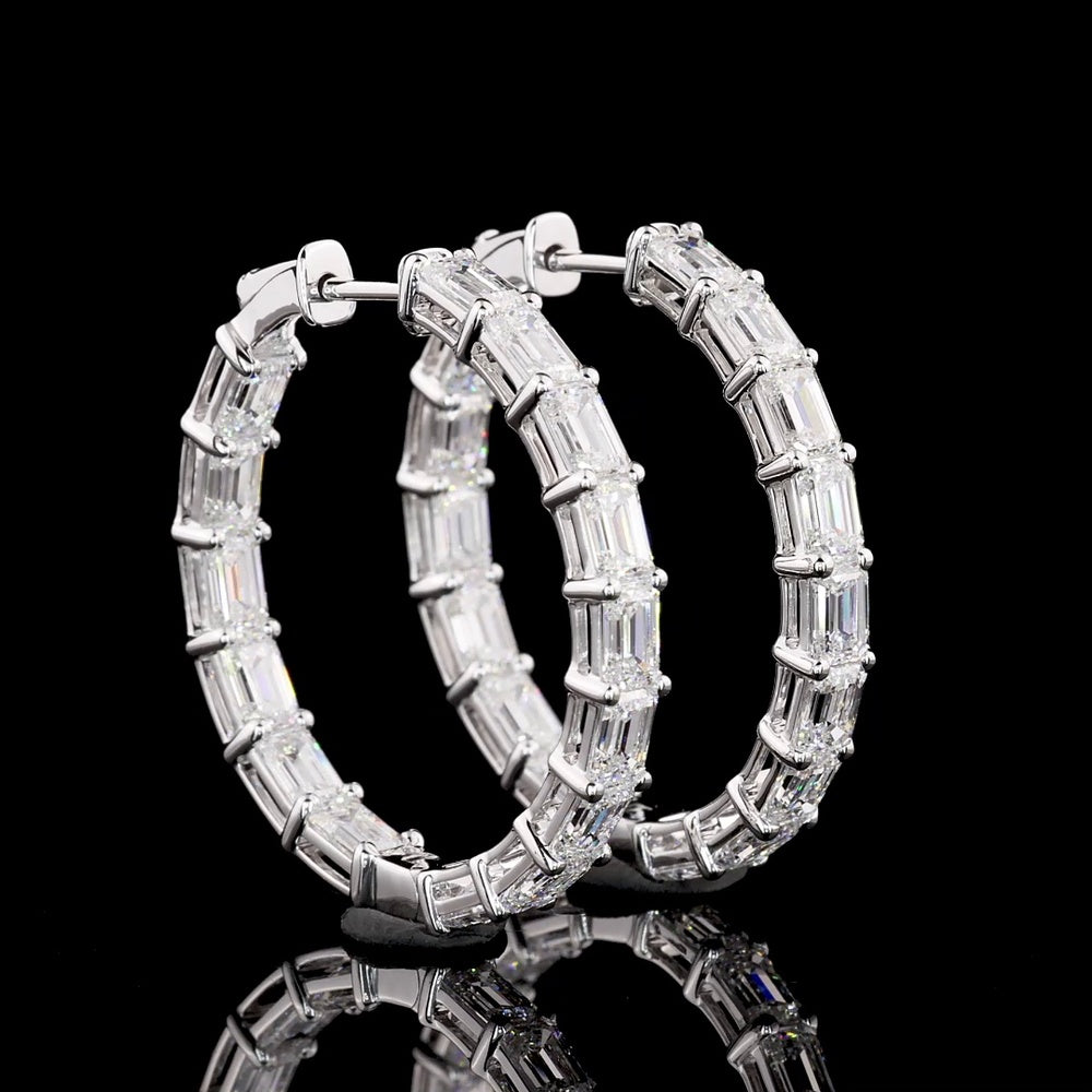 14K White Gold Medium Hoop Earrings with East-West Set Emerald Cut Lab Diamonds - 6.23 Total Carat Weight, E-F Color VVS2 Clarity - Covaloro Fine Jewelry