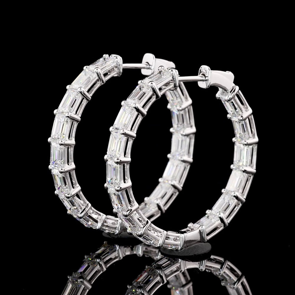 14K White Gold Medium Hoop Earrings with East-West Set Emerald Cut Lab Diamonds - 6.23 Total Carat Weight, E-F Color VVS2 Clarity - Covaloro Fine Jewelry
