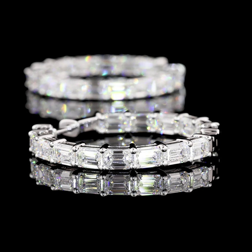 14K White Gold Medium Hoop Earrings with East-West Set Emerald Cut Lab Diamonds - 6.23 Total Carat Weight, E-F Color VVS2 Clarity - Covaloro Fine Jewelry