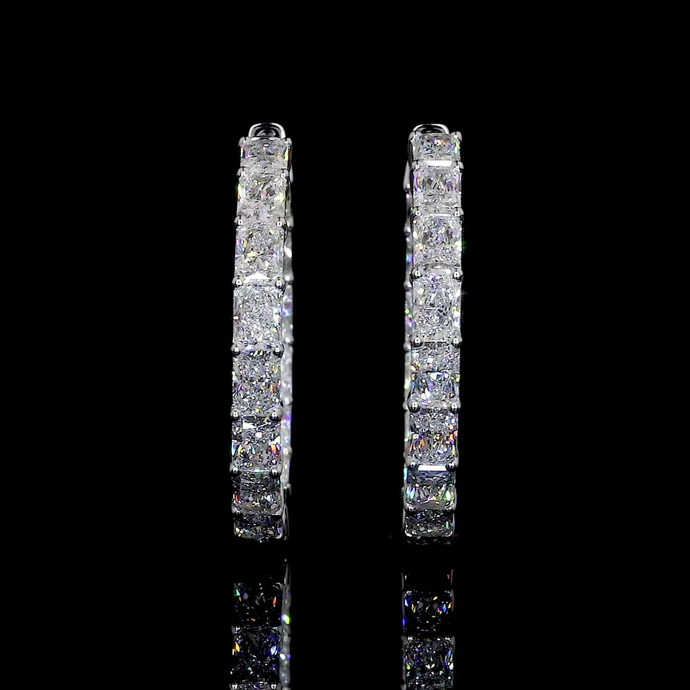 14K White Gold Medium Hoop Earrings with East-West Set Radiant Cut Lab Diamonds - 10.19 Carat Total Diamond Weight - Covaloro Fine Jewelry