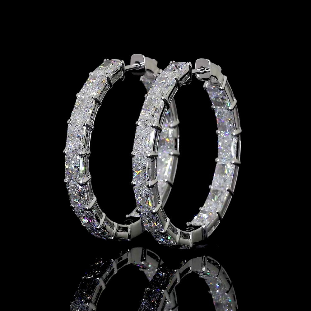 14K White Gold Medium Hoop Earrings with East-West Set Radiant Cut Lab Diamonds - 10.19 Carat Total Diamond Weight - Covaloro Fine Jewelry