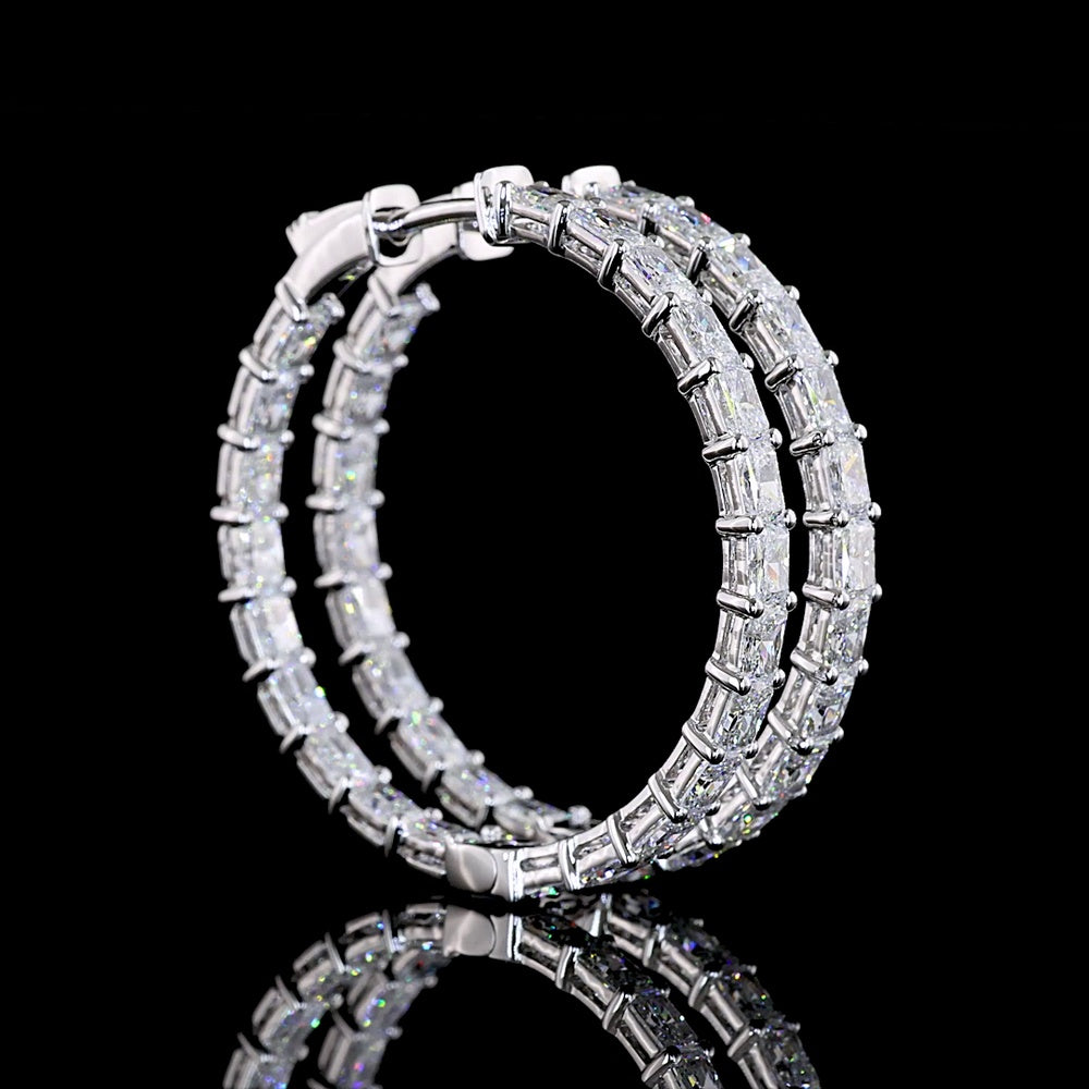 14K White Gold Medium Hoop Earrings with East-West Set Radiant Cut Lab Diamonds - 5.10 Carats Total Diamond Weight - Covaloro Fine Jewelry