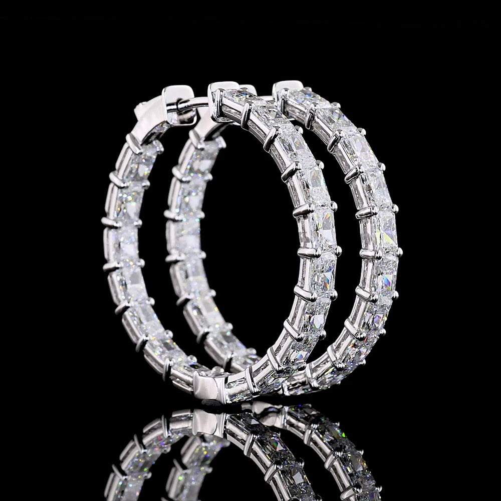 14K White Gold Medium Hoop Earrings with East-West Set Radiant Cut Lab Grown Diamonds - 7.07 Carat Total Weight, E-F Color, VS Clarity - Covaloro Fine Jewelry