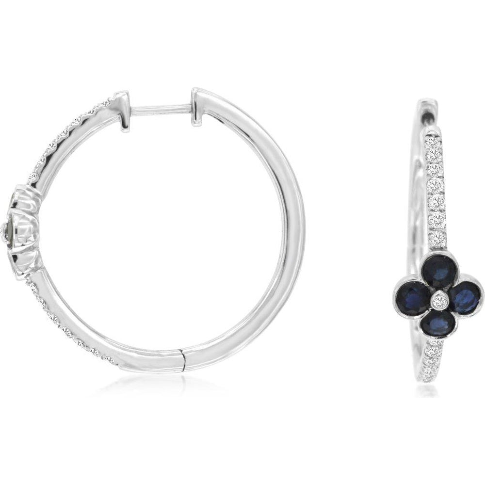 14K White Gold Medium Hoop Earrings with Floral Sapphire Cluster and Pavé Diamond Accents - 1.40 Carat Total Sapphire Weight and 0.40 Carat Total Diamond Weight - Royal Jewelry