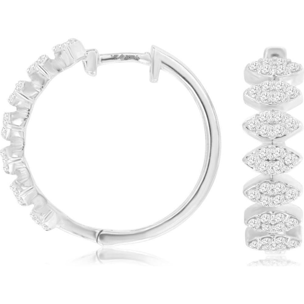 14K White Gold Medium Hoop Earrings with Marquise-Shaped Diamond Clusters - 0.58 Carat Total Diamond Weight - Royal Jewelry