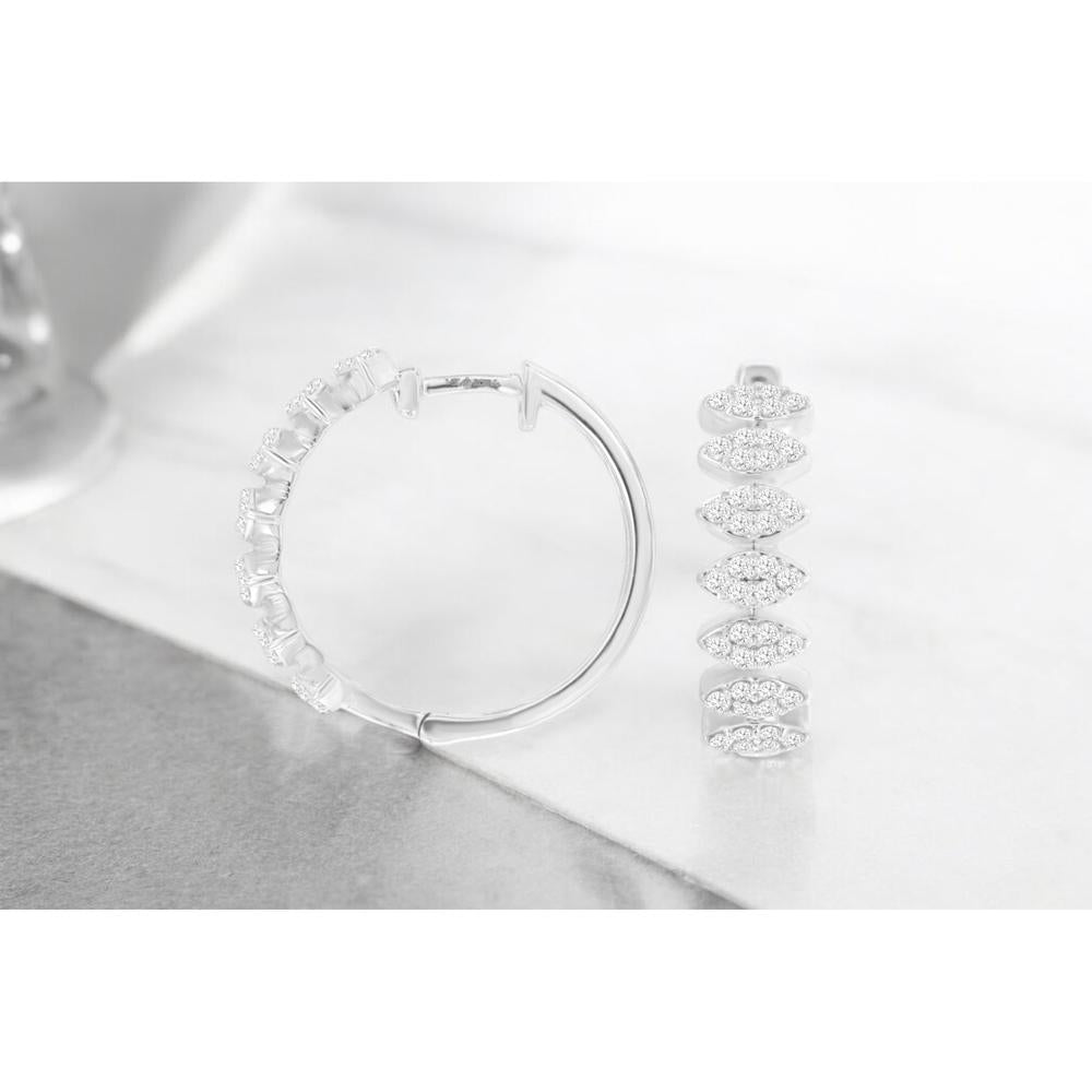 14K White Gold Medium Hoop Earrings with Marquise-Shaped Diamond Clusters - 0.58 Carat Total Diamond Weight - Royal Jewelry