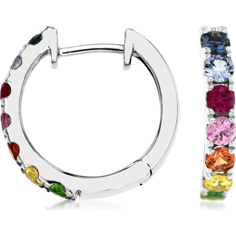 14K White Gold Medium Hoop Earrings with Multi-Colored Round Sapphires - 1.10 Carat Total Gem Weight - Royal Jewelry