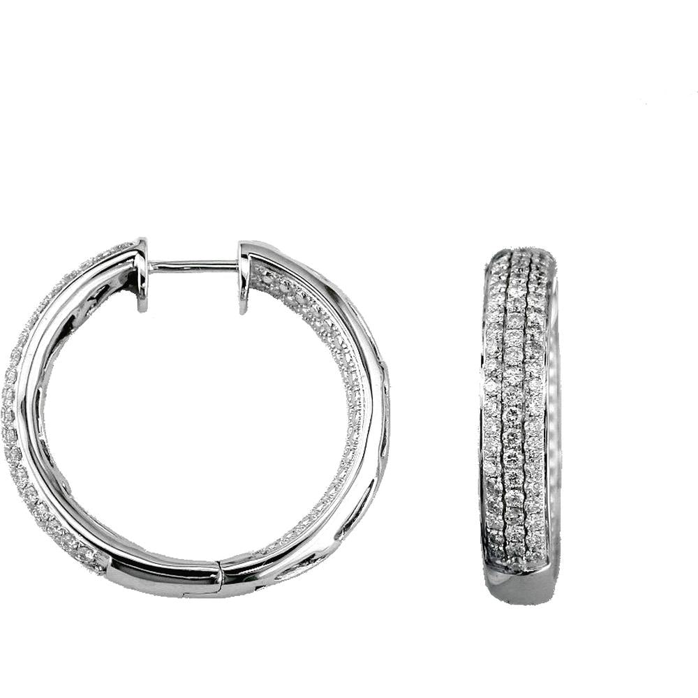 14K White Gold Medium Hoop Earrings with Multi-Row Round Diamonds - 2.35 Carat Total Diamond Weight - Royal Jewelry