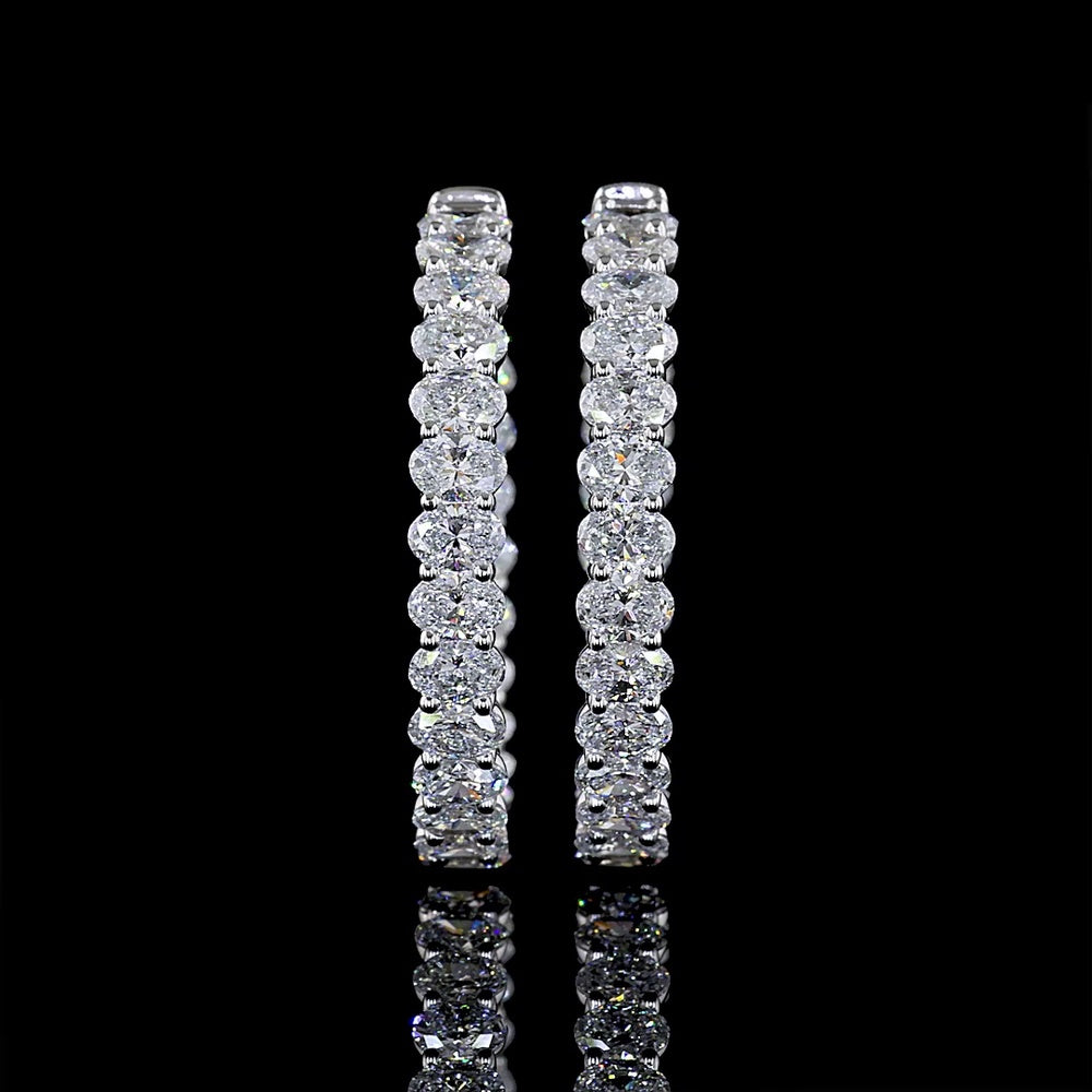 14K White Gold Medium Hoop Earrings with North-South Oval Cut Lab Diamonds - 4.93 Carats Total Diamond Weight - Covaloro Fine Jewelry