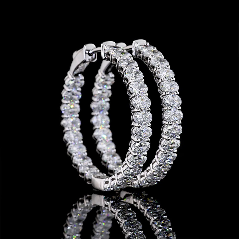 14K White Gold Medium Hoop Earrings with North-South Oval Cut Lab Diamonds - 4.93 Carats Total Diamond Weight - Covaloro Fine Jewelry