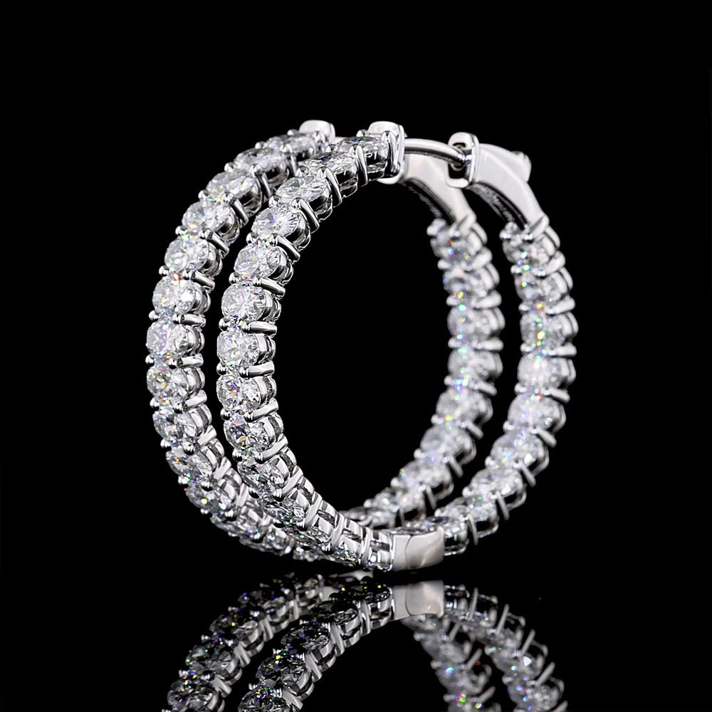 14K White Gold Medium Hoop Earrings with North-South Oval Cut Lab Diamonds - 4.93 Carats Total Diamond Weight - Covaloro Fine Jewelry