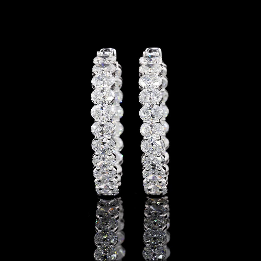 14K White Gold Medium Hoop Earrings with North-South Prong Set Oval Lab Diamonds - 8.96 Carat Total Weight - Covaloro Fine Jewelry