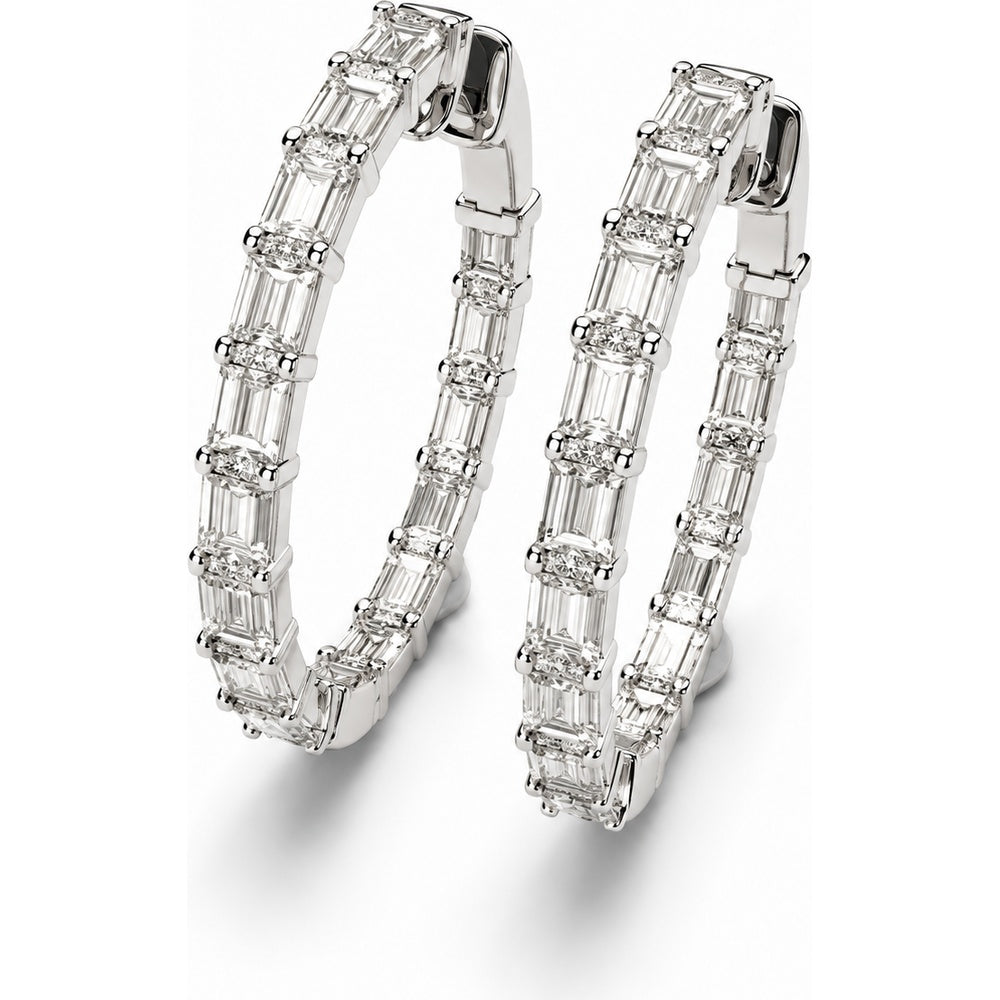 14K White Gold Medium Hoop Earrings with Prong Set Emerald Cut Diamonds - 3.95 Carat Total Diamond Weight by Auriventus
