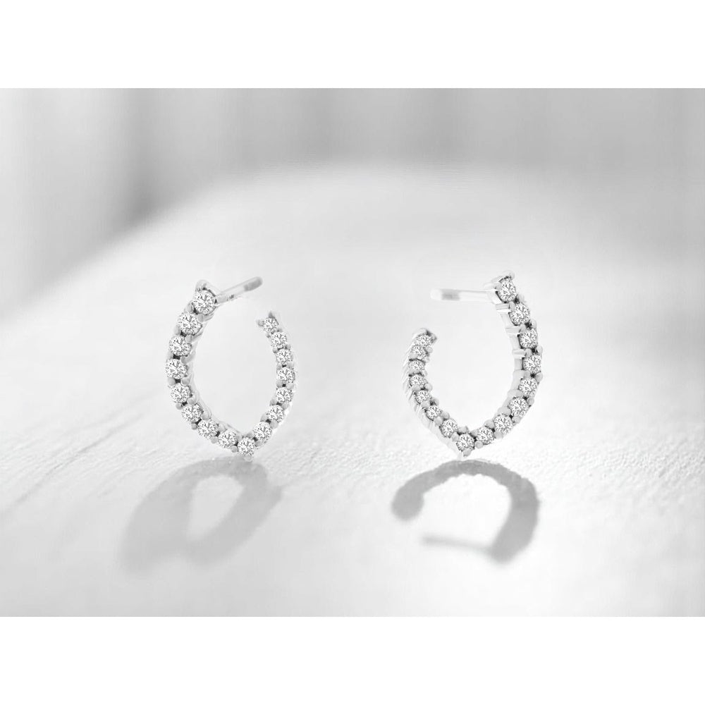 14K White Gold Medium Hoop Earrings with Prong-Set Round Brilliant Diamonds - 0.50 Carat Total Diamond Weight - Royal Jewelry