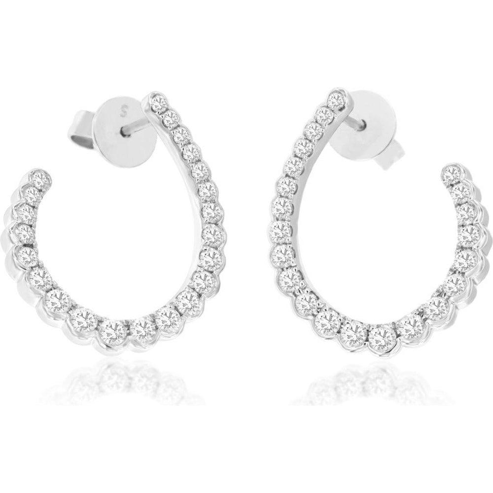 14K White Gold Medium Hoop Earrings with Prong-Set Round Diamonds - 0.90 Carat Total Diamond Weight - Royal Jewelry