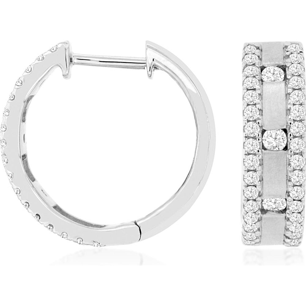 14K White Gold Medium Hoop Earrings with Prong-Set Round Diamonds and Central Accent Stone - 0.73 Carat Total Diamond Weight - Royal Jewelry