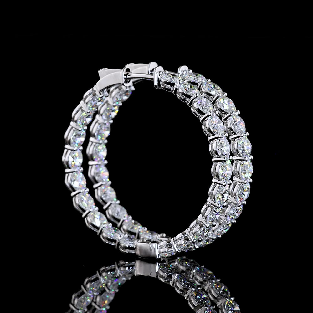 14K White Gold Medium Hoop Earrings with Prong Set Round Lab Diamonds - 10.05 Carat Total Weight - Covaloro Fine Jewelry