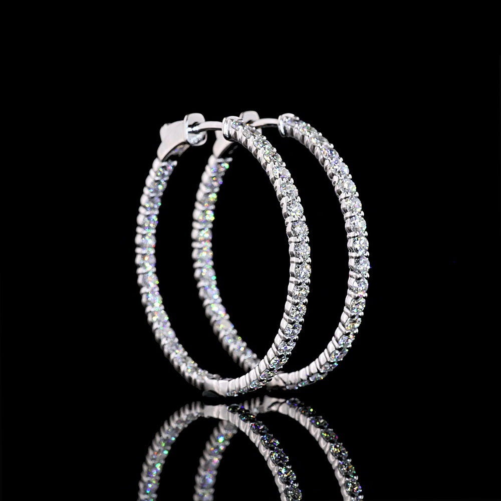 14K White Gold Medium Hoop Earrings with Prong Set Round Lab Diamonds - 2.02 Carat Total Diamond Weight - Covaloro Fine Jewelry