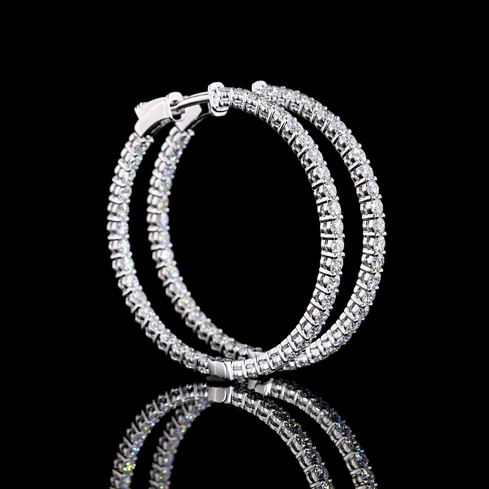 14K White Gold Medium Hoop Earrings with Prong Set Round Lab Diamonds - 2.88 Carats Total Diamond Weight - Covaloro Fine Jewelry