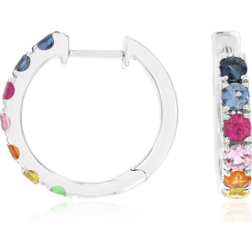 14K White Gold Medium Hoop Earrings with Prong-Set Round Multi-Color Sapphires - 1.80 Carat Total Sapphire Weight - Royal Jewelry