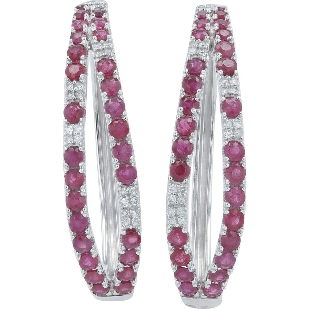 14K White Gold Medium Hoop Earrings with Prong-Set Rubies and Diamonds - 2.00 Carats Ruby, 0.16 Carats Diamond Total Weight