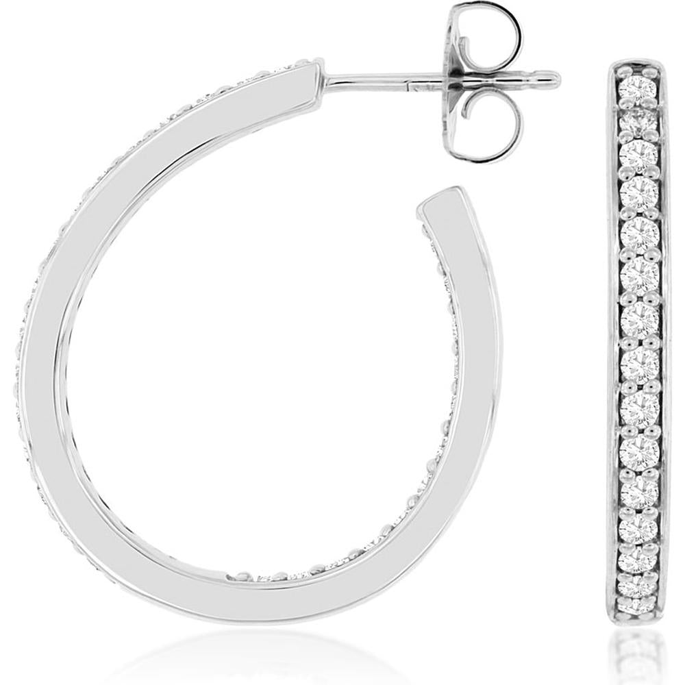 14K White Gold Medium Hoop Earrings with Round Diamonds - 1.00 Carat Total Diamond Weight - Royal Jewelry