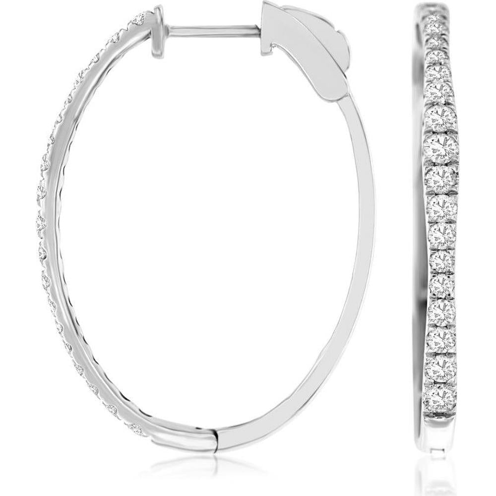 14K White Gold Medium Hoop Earrings with Round Diamonds - 1.00 Carat Total Diamond Weight - Royal Jewelry