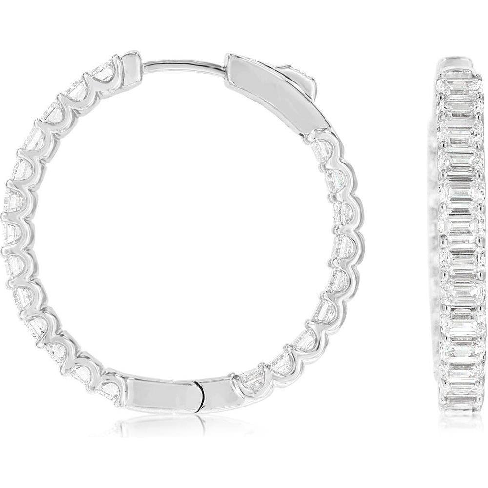 14K White Gold Medium Hoop Earrings with Shared Prong Set Baguette Cut Diamonds - 6.90 Carat Total Diamond Weight - Royal Jewelry