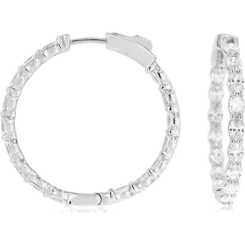 14K White Gold Medium Hoop Earrings with Shared Prong Set Round Brilliant Cut Diamonds - 3.40 Carat Total Diamond Weight - Royal Jewelry