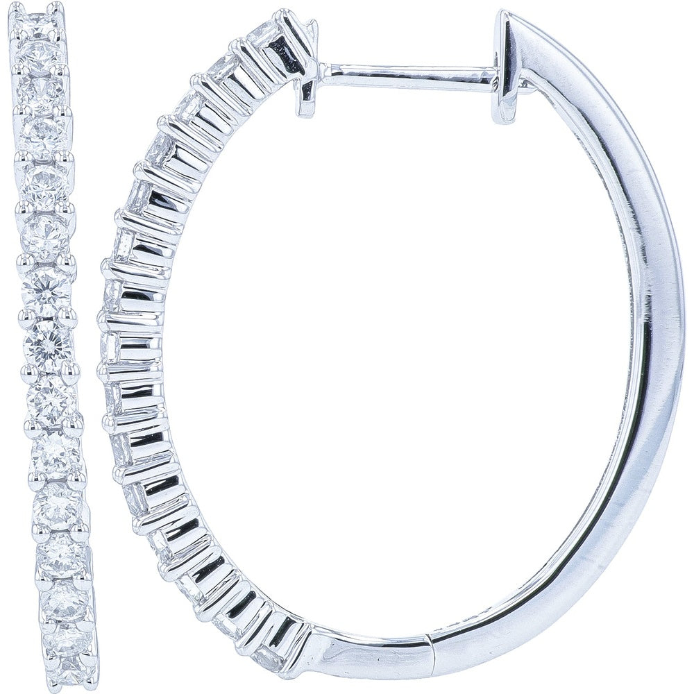 14K White Gold Medium Hoop Earrings with Shared-Prong Set Round Diamonds - 0.65 Carat Total Diamond Weight