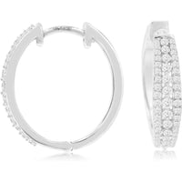 14K White Gold Medium Hoop Earrings with Three-Row Pavé Set Round Diamonds - 0.50 Carat Total Diamond Weight - Royal Jewelry