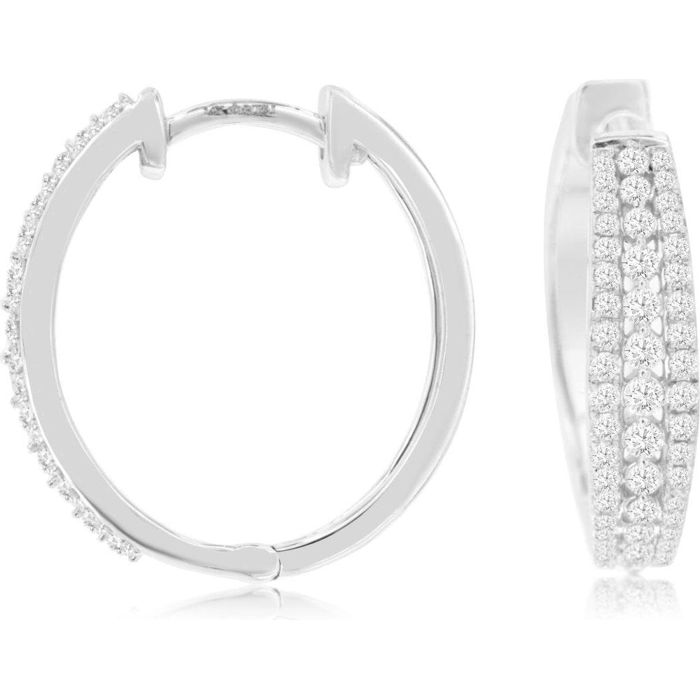 14K White Gold Medium Hoop Earrings with Three-Row Pavé Set Round Diamonds - 0.50 Carat Total Diamond Weight - Royal Jewelry