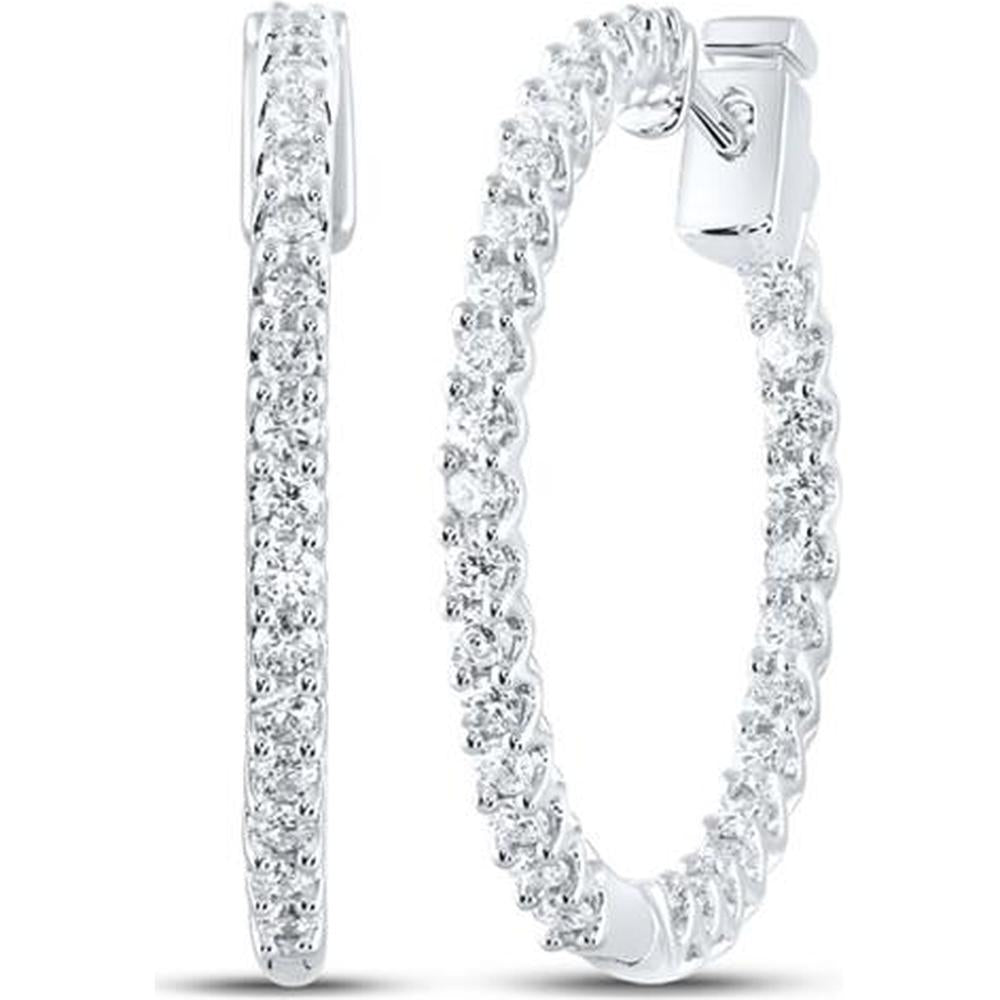 14K White Gold Medium Inside-Outside Hoop Earrings with Prong-Set Round Diamonds - 1.00 Carat Total Diamond Weight