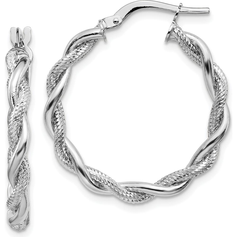 14K White Gold Medium Twisted Hoop Earrings with Diamond-Cut Texture by 0