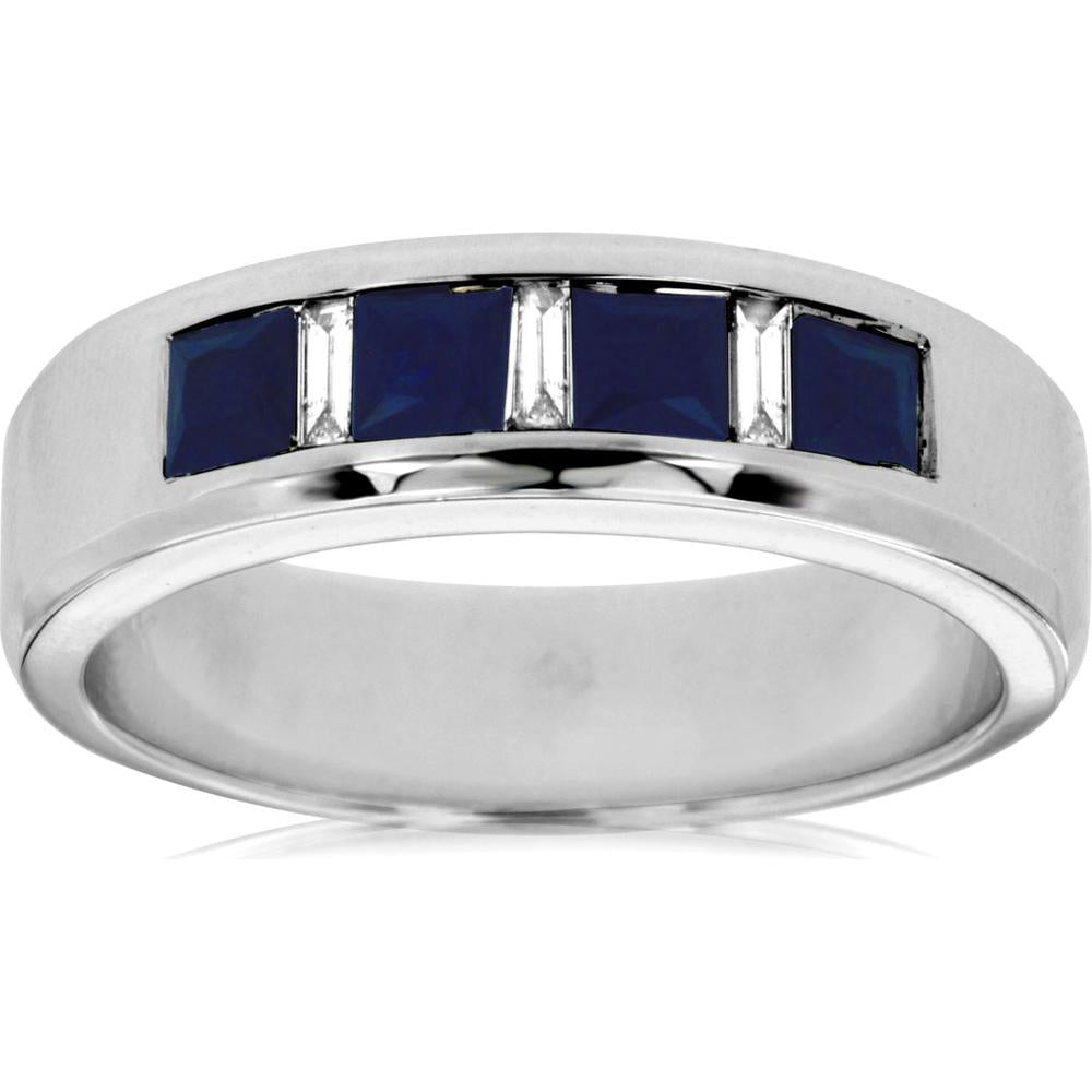 14K White Gold Men’s Band with Princess Cut Sapphire and Diamonds - 1.36 Carats Total Gemstone Weight