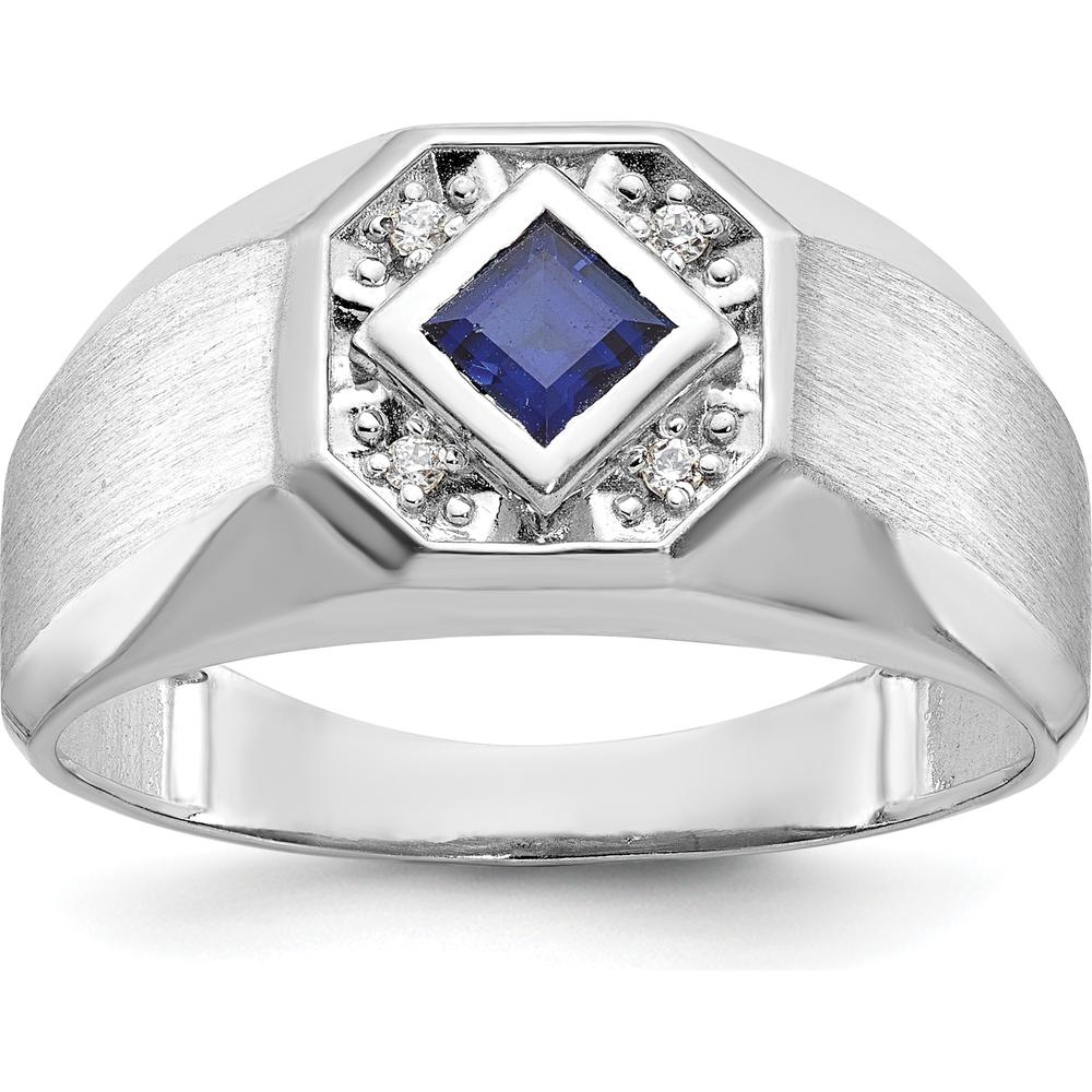 14K White Gold Men’s Created Sapphire and Diamond Satin Ring - 1/20 Carat Diamond Weight by IBGoodman
