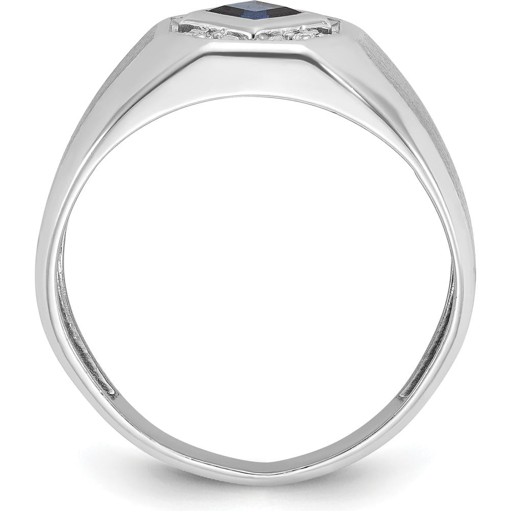 14K White Gold Men’s Created Sapphire and Diamond Satin Ring - 1/20 Carat Diamond Weight by IBGoodman