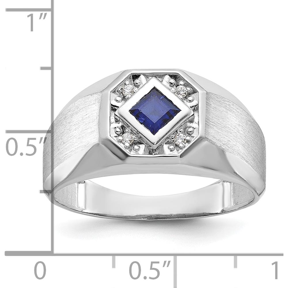 14K White Gold Men’s Created Sapphire and Diamond Satin Ring - 1/20 Carat Diamond Weight by IBGoodman