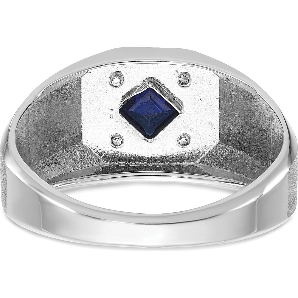 14K White Gold Men’s Created Sapphire and Diamond Satin Ring - 1/20 Carat Diamond Weight by IBGoodman