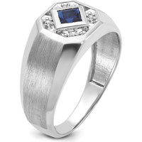 14K White Gold Men’s Created Sapphire and Diamond Satin Ring - 1/20 Carat Diamond Weight by IBGoodman