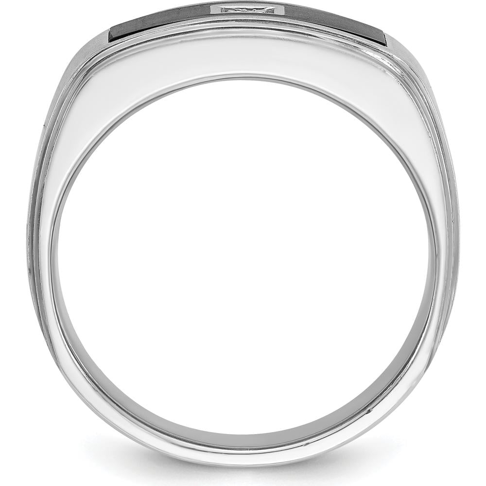 14K White Gold Men’s Polished Satin Ring with Black Enamel and Round Diamond - 1/20 Carats Diamond Weight by IBGoodman
