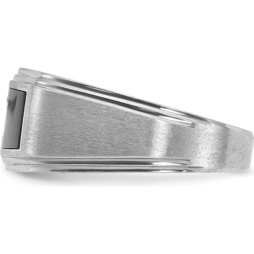 14K White Gold Men’s Polished Satin Ring with Black Enamel and Round Diamond - 1/20 Carats Diamond Weight by IBGoodman