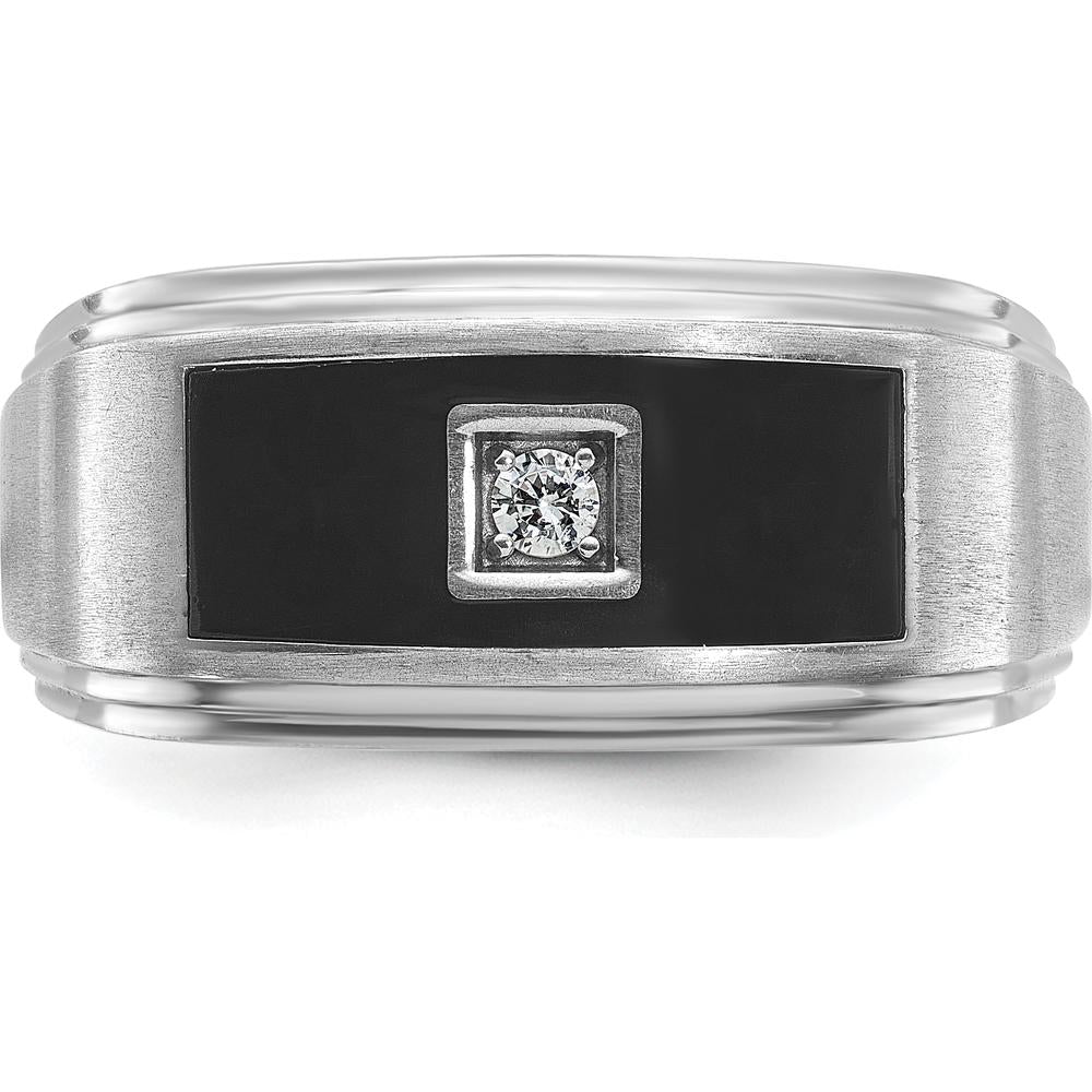 14K White Gold Men’s Polished Satin Ring with Black Enamel and Round Diamond - 1/20 Carats Diamond Weight by IBGoodman