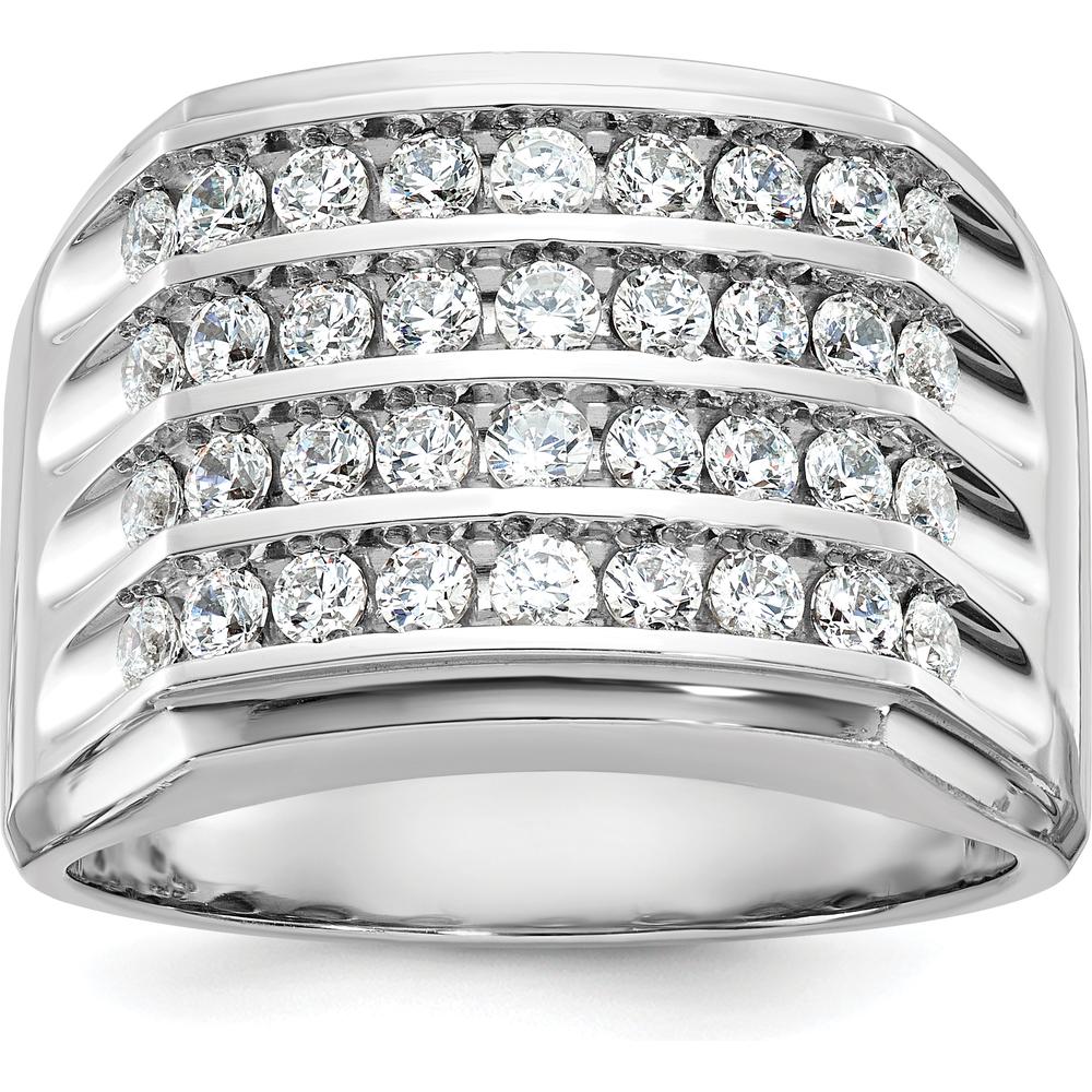 14K White Gold Men's 4-Row Diamond Band Ring with Polished Grooved Design - 1 1/5 Carats Total Diamond Weight by IBGoodman