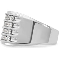 14K White Gold Men's 4-Row Diamond Band Ring with Polished Grooved Design - 1 1/5 Carats Total Diamond Weight by IBGoodman